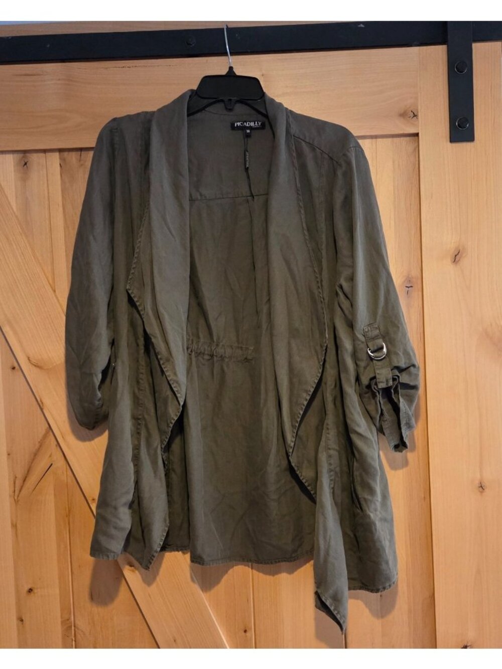 Piccadilly Canada Open Front Jacket Sz 14 Minimalist Military Green Cinch